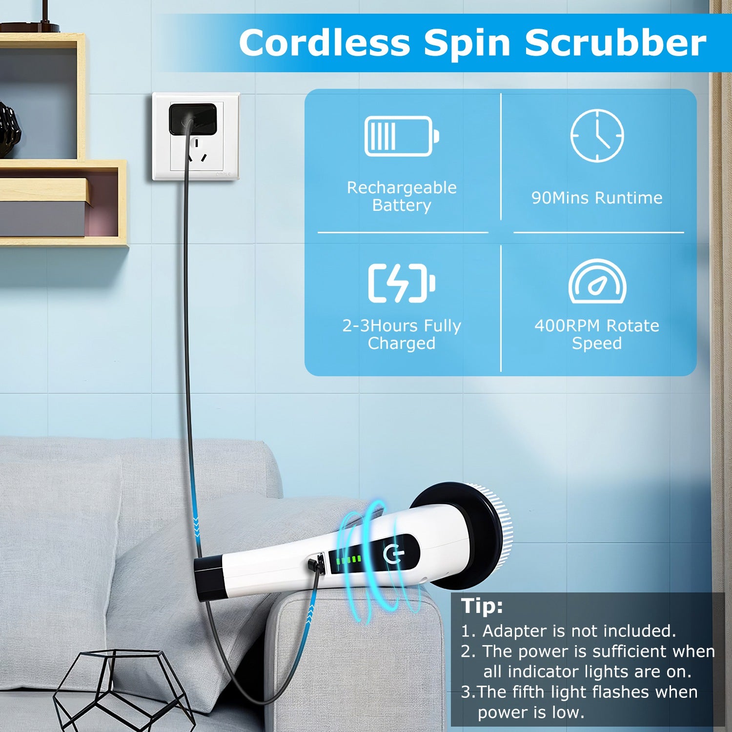 1Pc Electric Spin Scrubber Cordless Rechargeable Telescopic Cleaning Brush 8 Replaceable Heads 2 Speed Adjustable Extension Arm Bathroom Tub Tile Floor