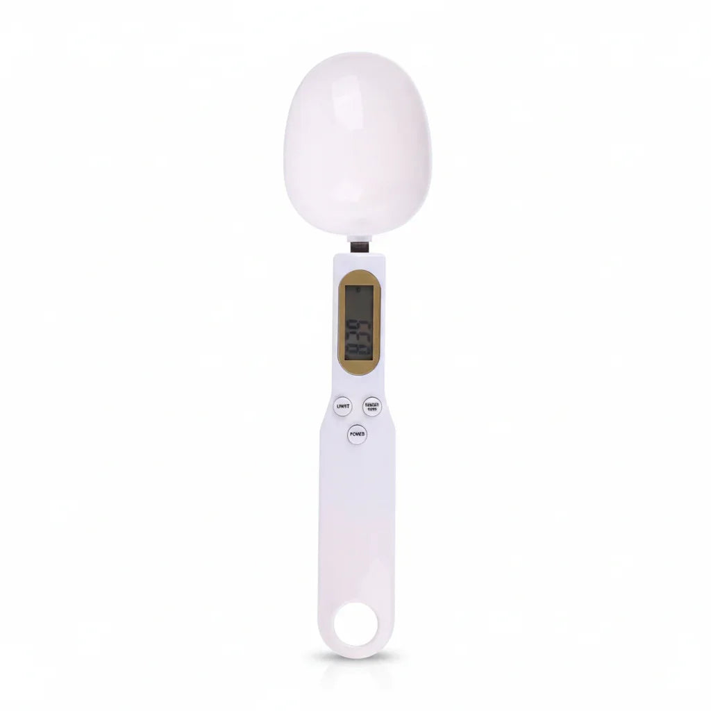 Digital measuring spoon on white background