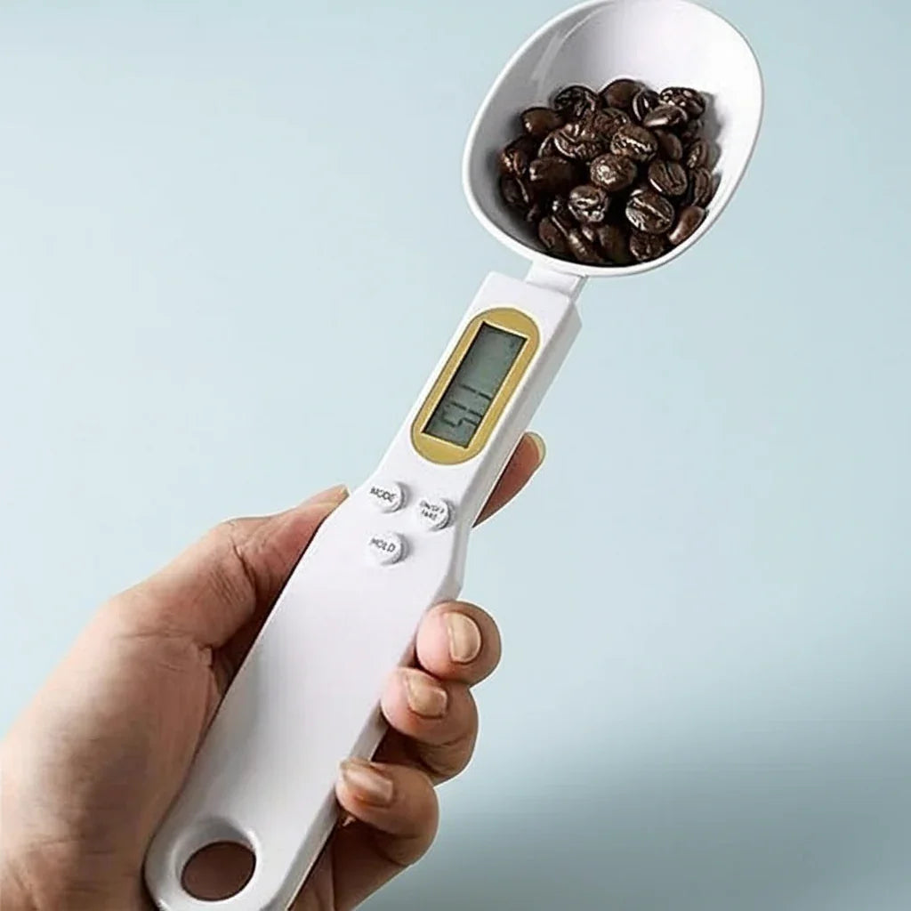Digital measuring spoon with light blue background