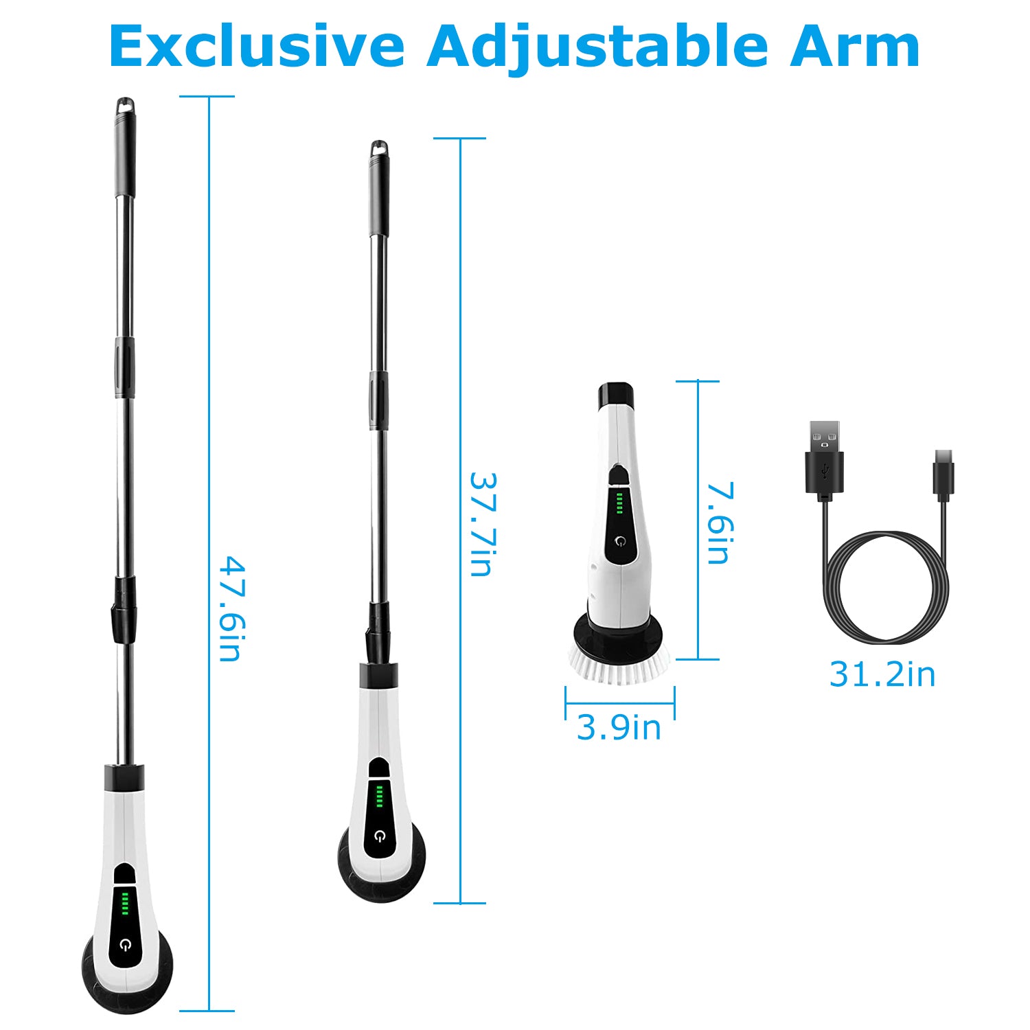 1Pc Electric Spin Scrubber Cordless Rechargeable Telescopic Cleaning Brush 8 Replaceable Heads 2 Speed Adjustable Extension Arm Bathroom Tub Tile Floor