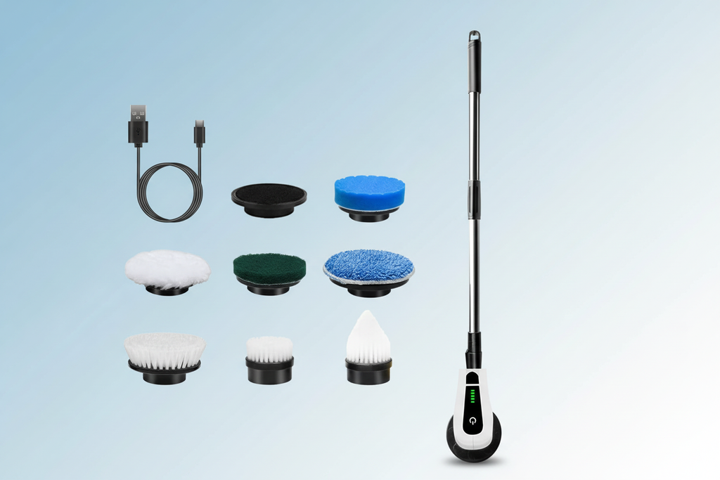 Electric cleaning brush with light blue and white background