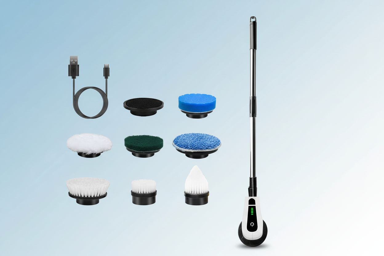 Electric cleaning brush with light blue and white background