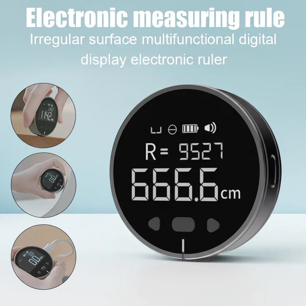 Electronic measuring rule - black device with light blue and white background